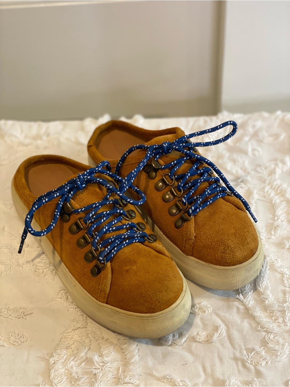 Urban Outfitters Tan Suede Mules with Blue Rope Laces